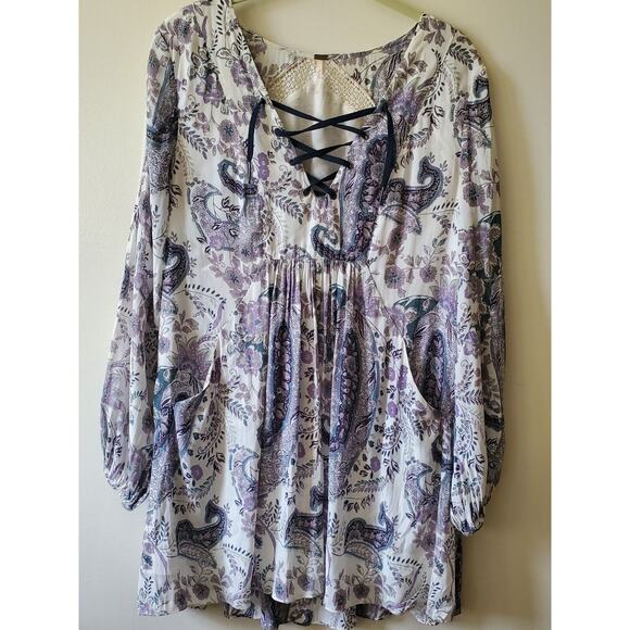 Free People Rain Or Shine Lace Up Mini Dress Ivory Paisley Womens XS - Picture 6 of 15